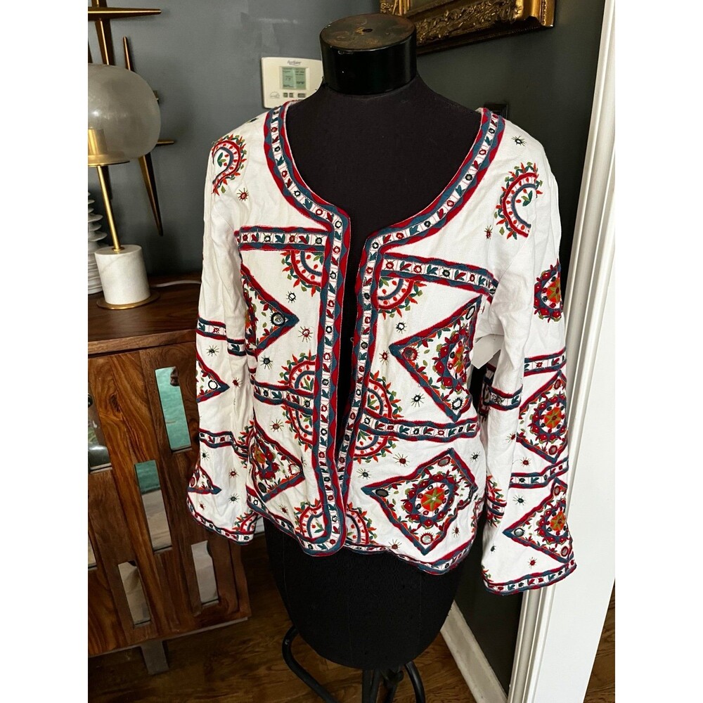 Soft Surroundings White Cotton Heavily Embroidered Cropped Jacket w mirrors sz L